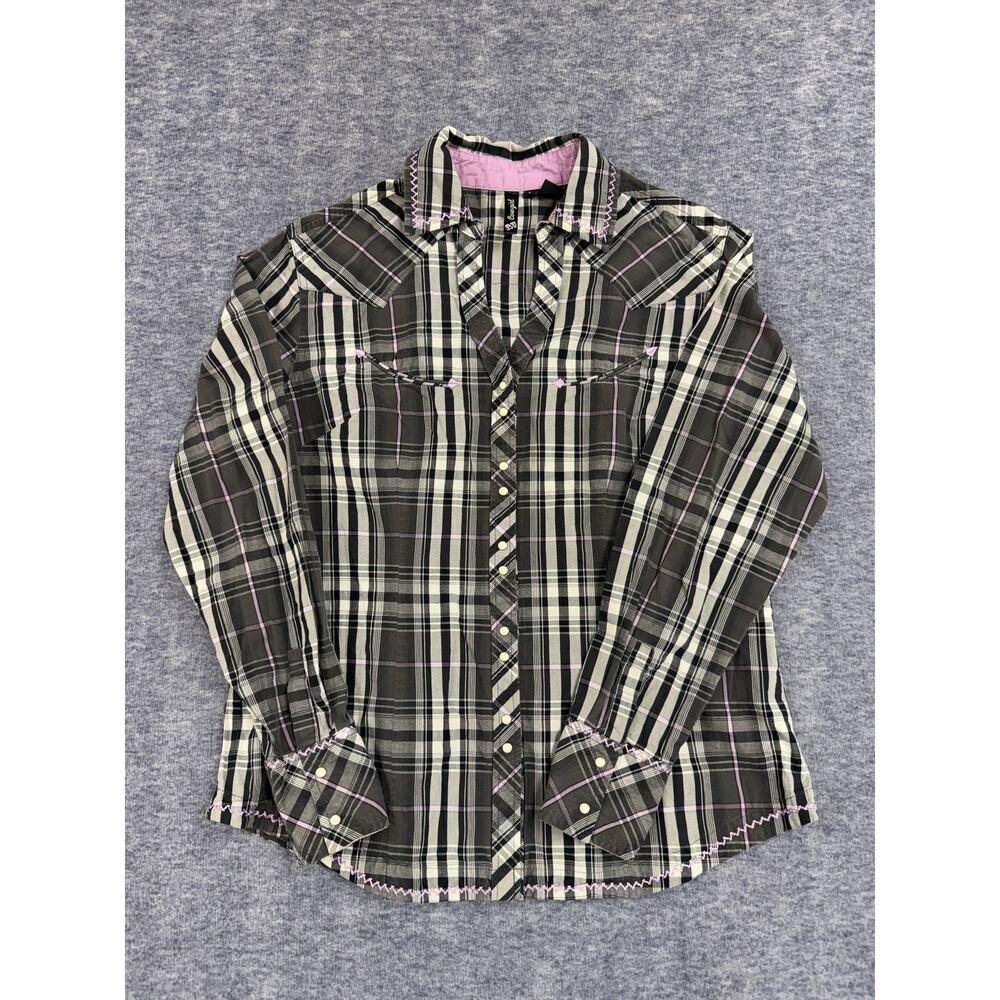 RU Cowgirl Black Plaid Pearl Snap Long Sleeve Western Rodeo Shirt Women’s Size L